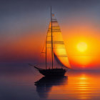 Translucent sailboat in vibrant orange sunset over calm waters