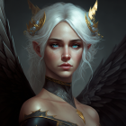 Fantasy digital portrait of a woman with white hair, blue eyes, golden crown, and dark wings