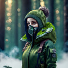 Person in green hooded jacket and gas mask in forest with sunlight filtering through trees