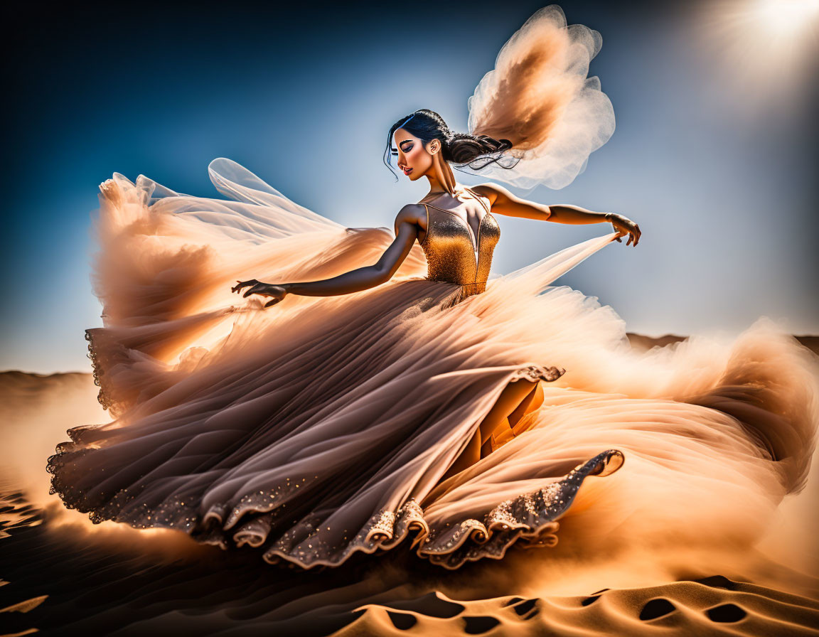 Graceful dancer in beige dress and wings performing in desert setting