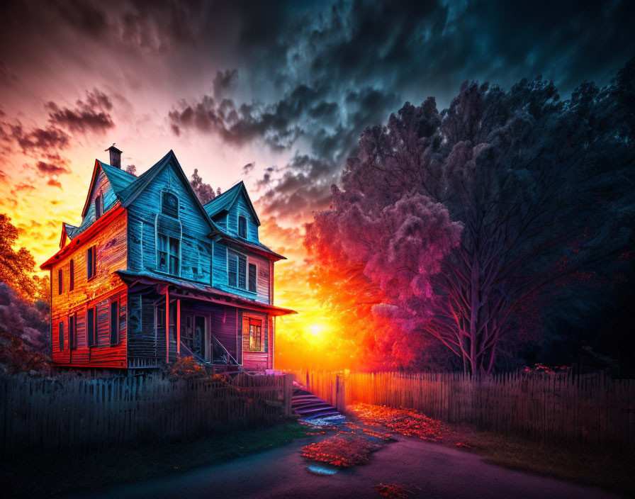 Vibrant orange sunset behind grand Victorian house in silhouette