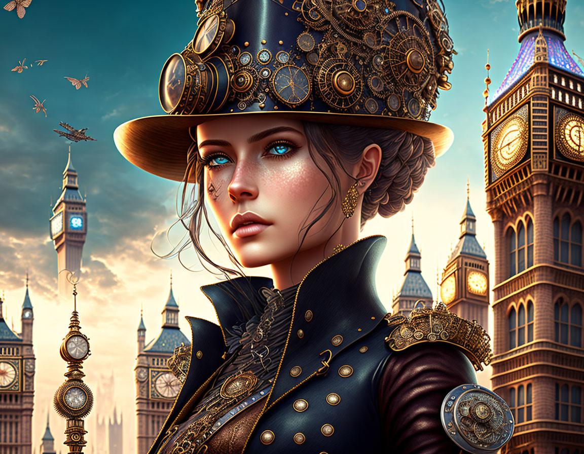 Steampunk woman with detailed hat in fantasy Big Ben backdrop