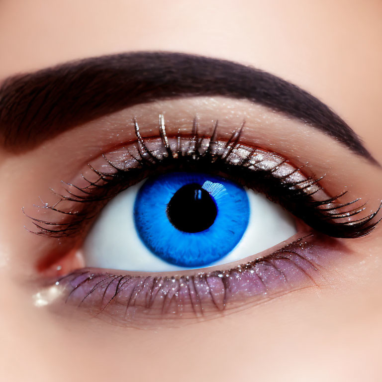 Detailed Close-Up of Vivid Blue Eye with Long Eyelashes and Glittery Purple Eyesh