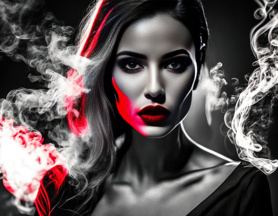 Monochrome portrait of woman with red lips and streak of red light in swirling smoke