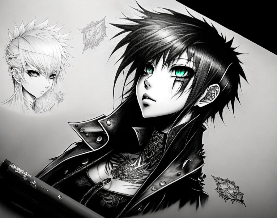 Monochrome anime characters with green eyes in intricate attire on dark background.