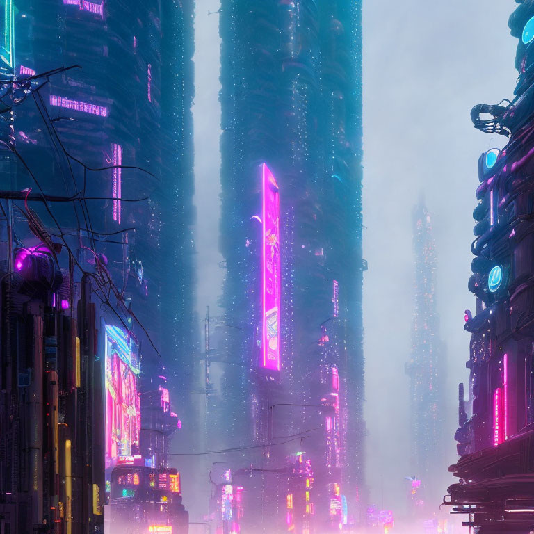 Neon-lit futuristic cityscape with misty skyscrapers