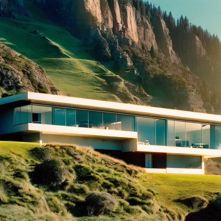 Glass-walled house with flat roof in lush green hillside under towering cliffs