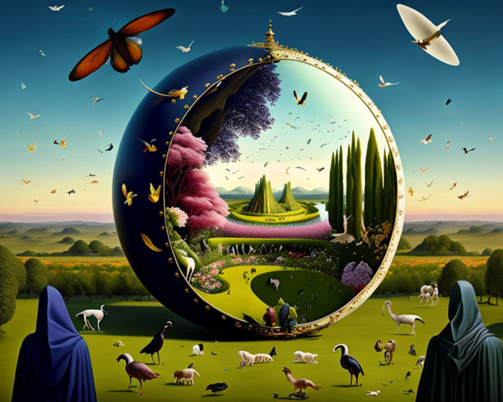 Colorful surreal landscape with animals and cloaked figures in egg-like orb