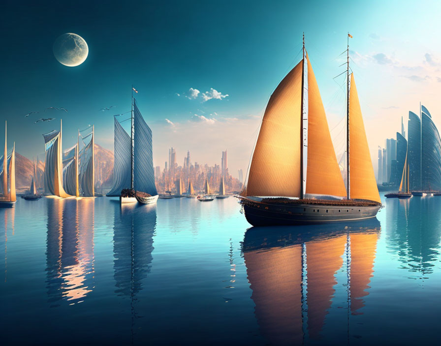 Golden sailboats on tranquil sea with futuristic city skyline and full moon.