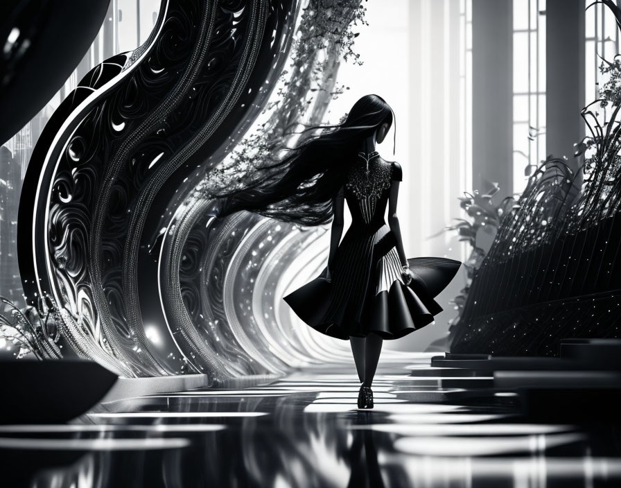 Monochrome artistic rendering of stylized woman in futuristic setting