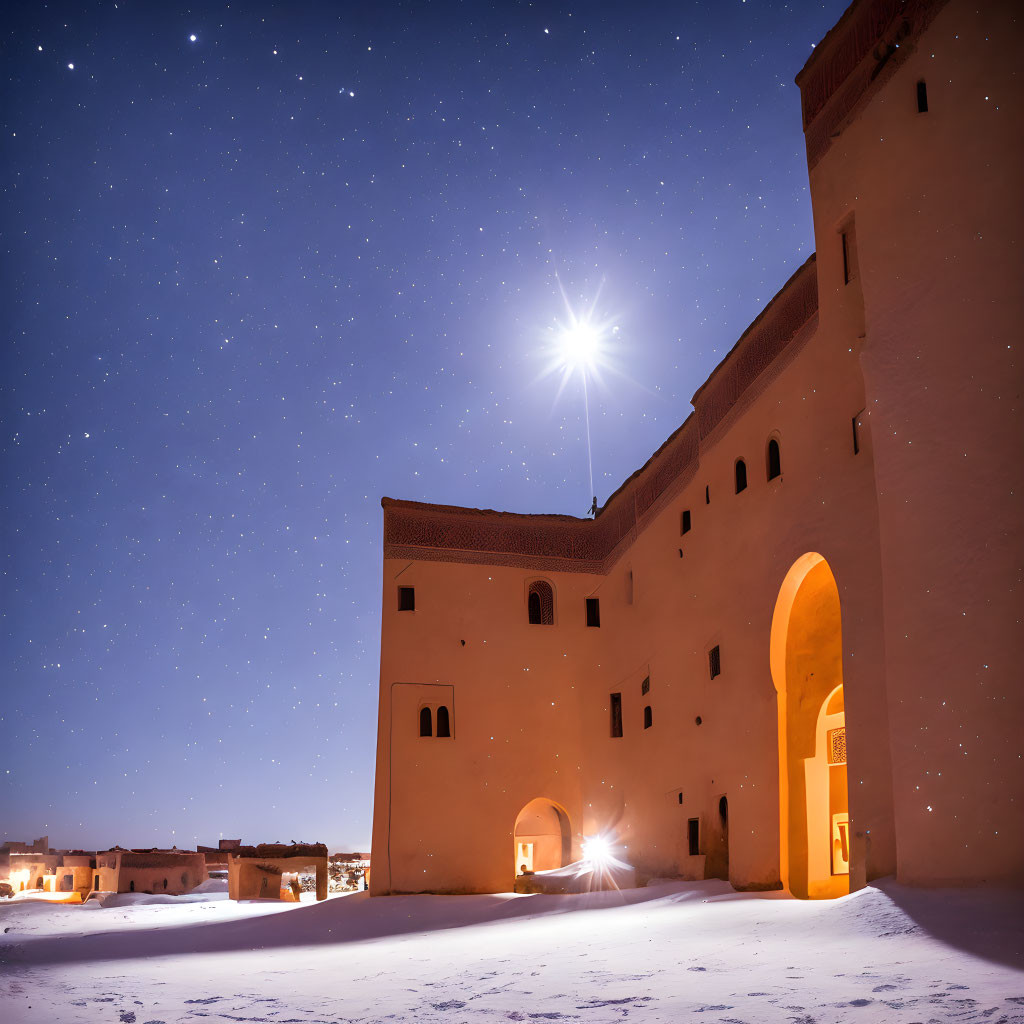 Traditional desert building under starry night sky with bright full moon and warm exterior lights.