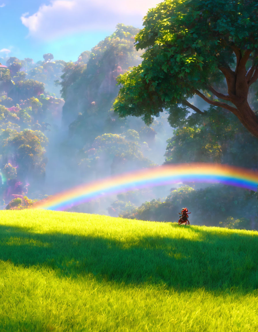 Person sitting under large tree on lush green hill with vibrant rainbow in forest.