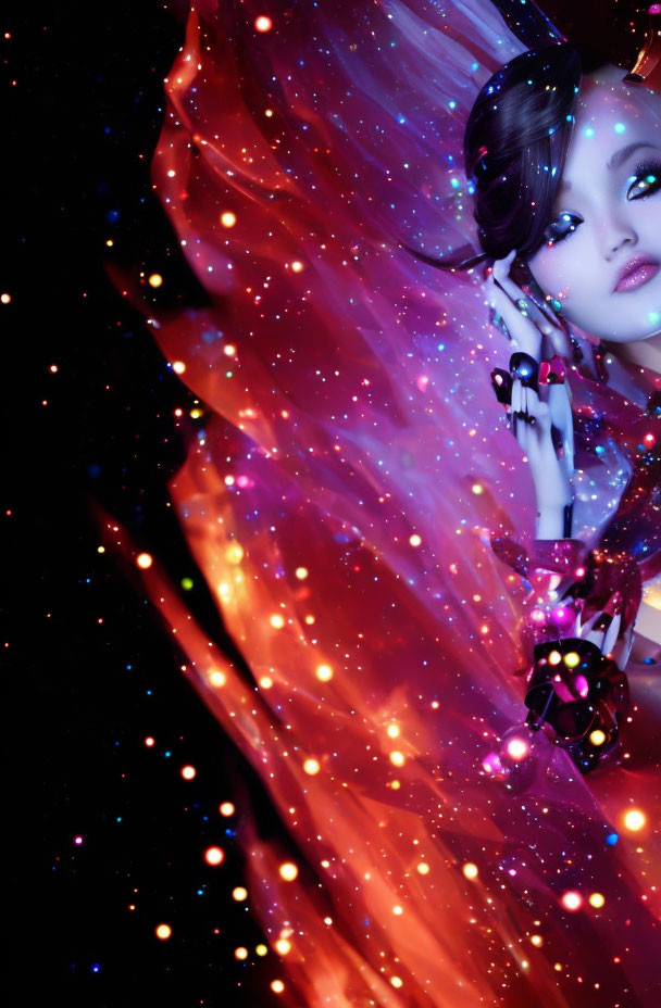 Digital Art: Female Figure in Red Fabric with Cosmic Background