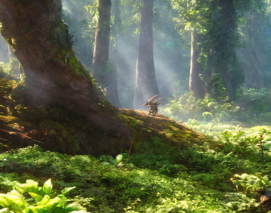 Mystical forest with sunbeams, mist, deer on moss-covered hill