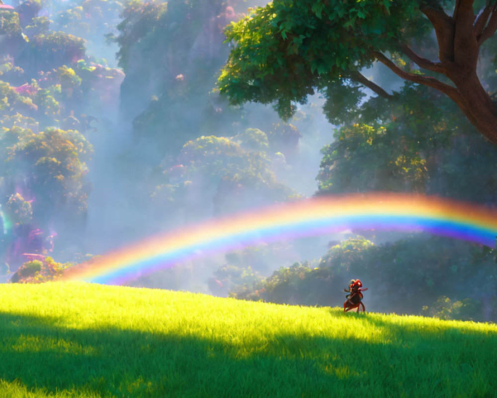 Person sitting under large tree on lush green hill with vibrant rainbow in forest.