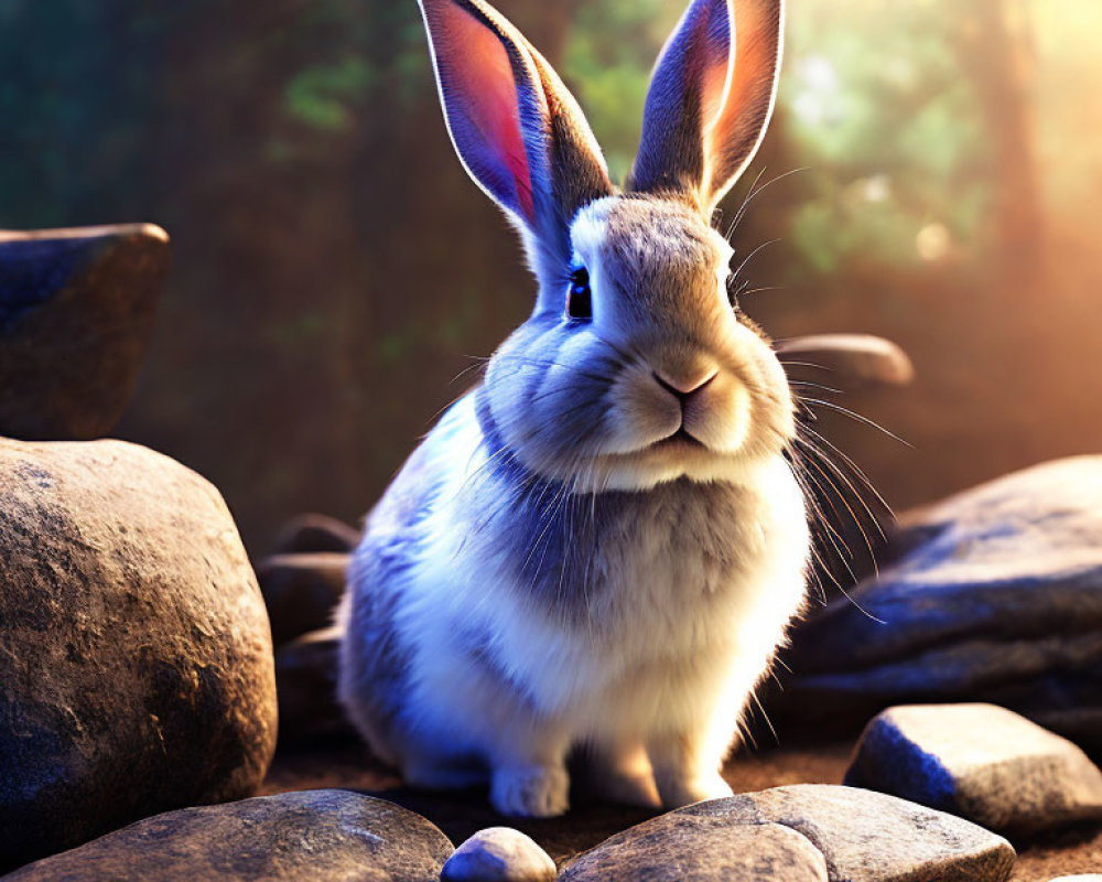 Realistic digital illustration of a rabbit in sunlit forest among rocks