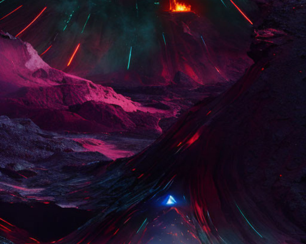 Vibrant volcanic eruption with red and neon blue hues