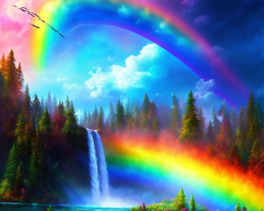 Colorful landscape with waterfall, rainbow, birds, and blue sky