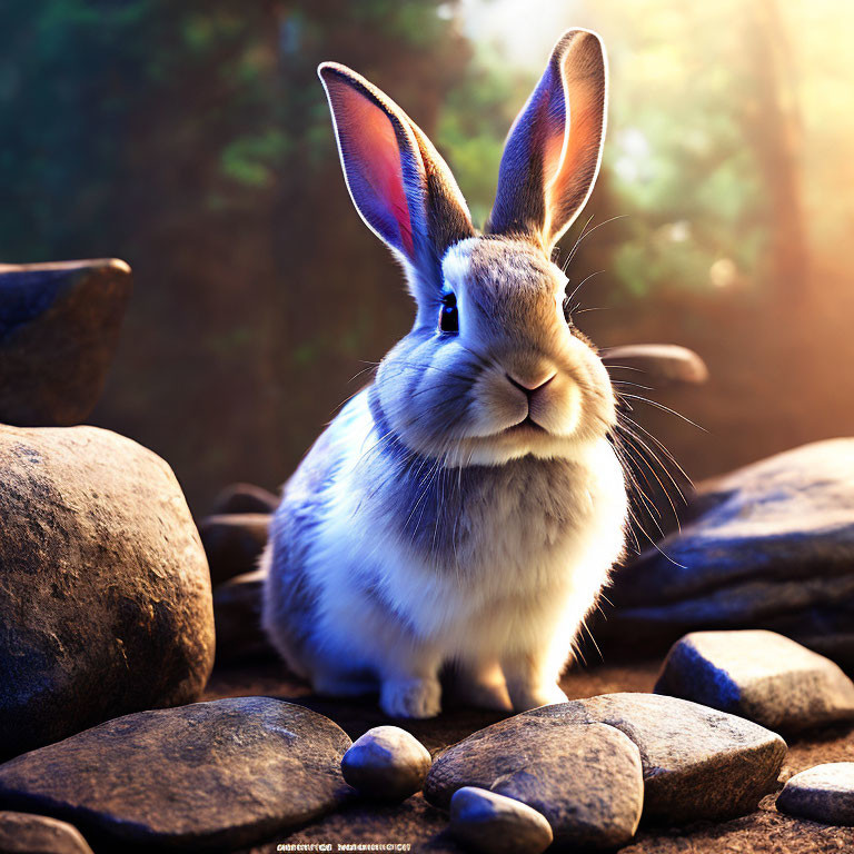 Realistic digital illustration of a rabbit in sunlit forest among rocks