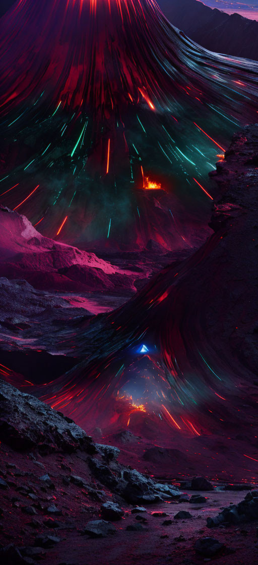 Vibrant volcanic eruption with red and neon blue hues