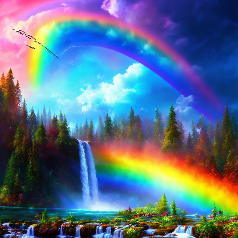 Colorful landscape with waterfall, rainbow, birds, and blue sky