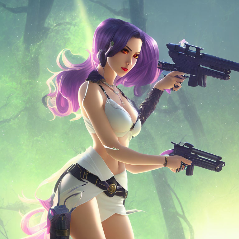 Purple-haired female character with guns in mystical forest.