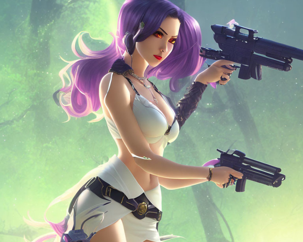 Purple-haired female character with guns in mystical forest.