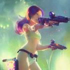 Purple-haired female character with guns in mystical forest.