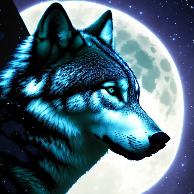 Detailed Wolf Profile Artwork with Moon and Stars Background