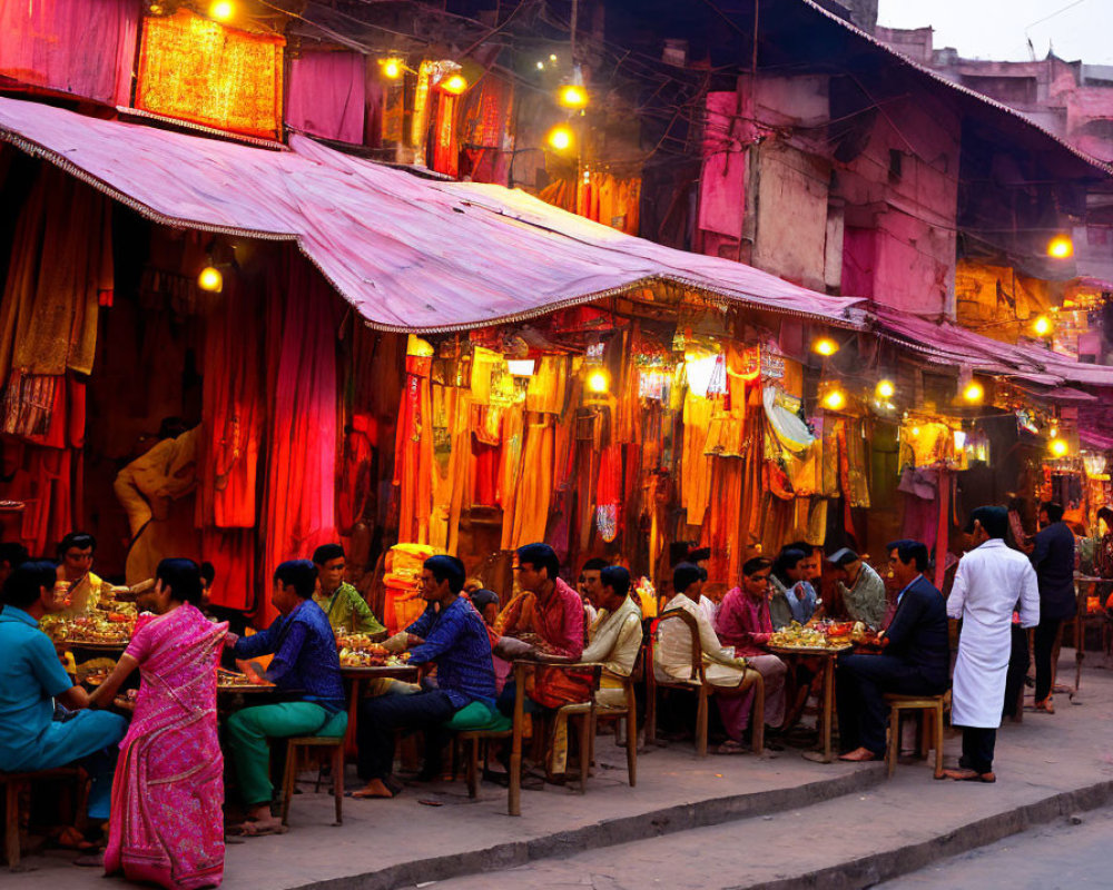 Vibrant outdoor market with colorful stalls and warm lights