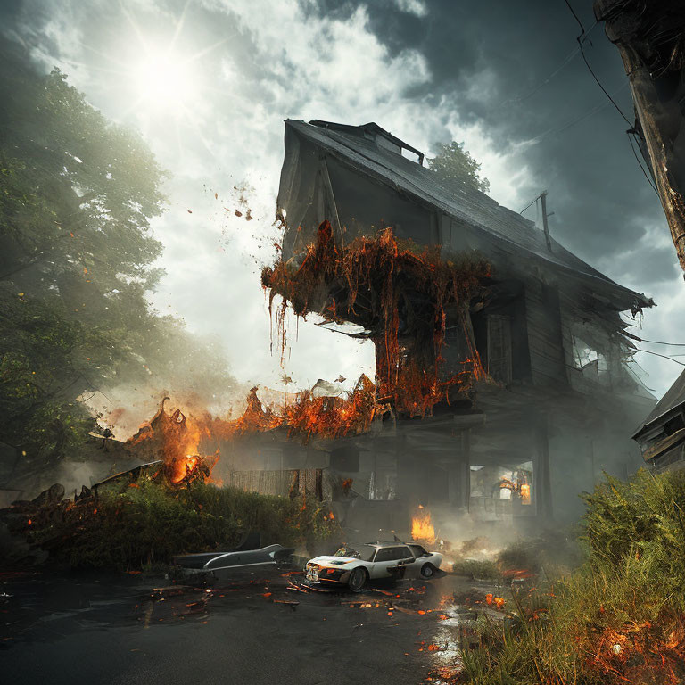 Levitating decrepit house amidst destruction and fiery debris with ominous clouds and sunbeam above abandoned car