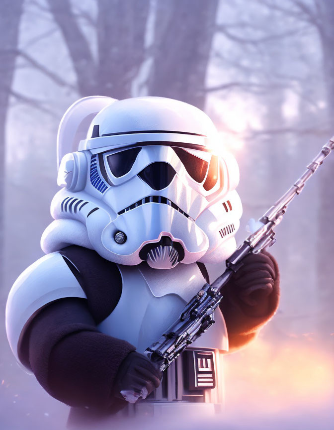 Stormtrooper with blaster in misty forest under filtered light