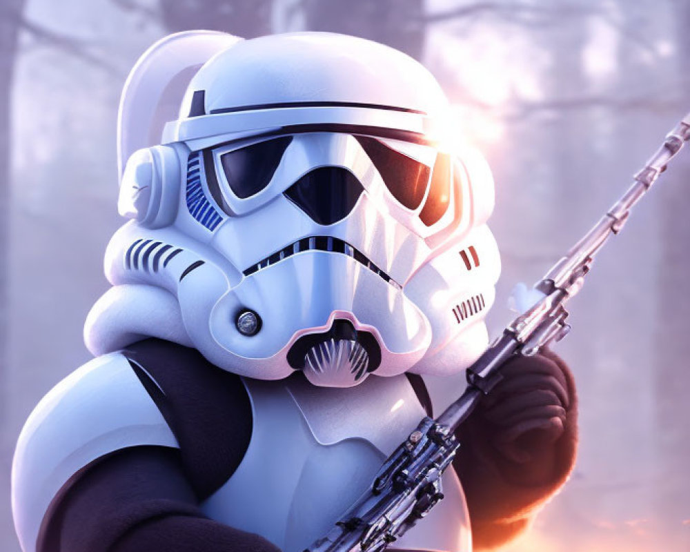 Stormtrooper with blaster in misty forest under filtered light