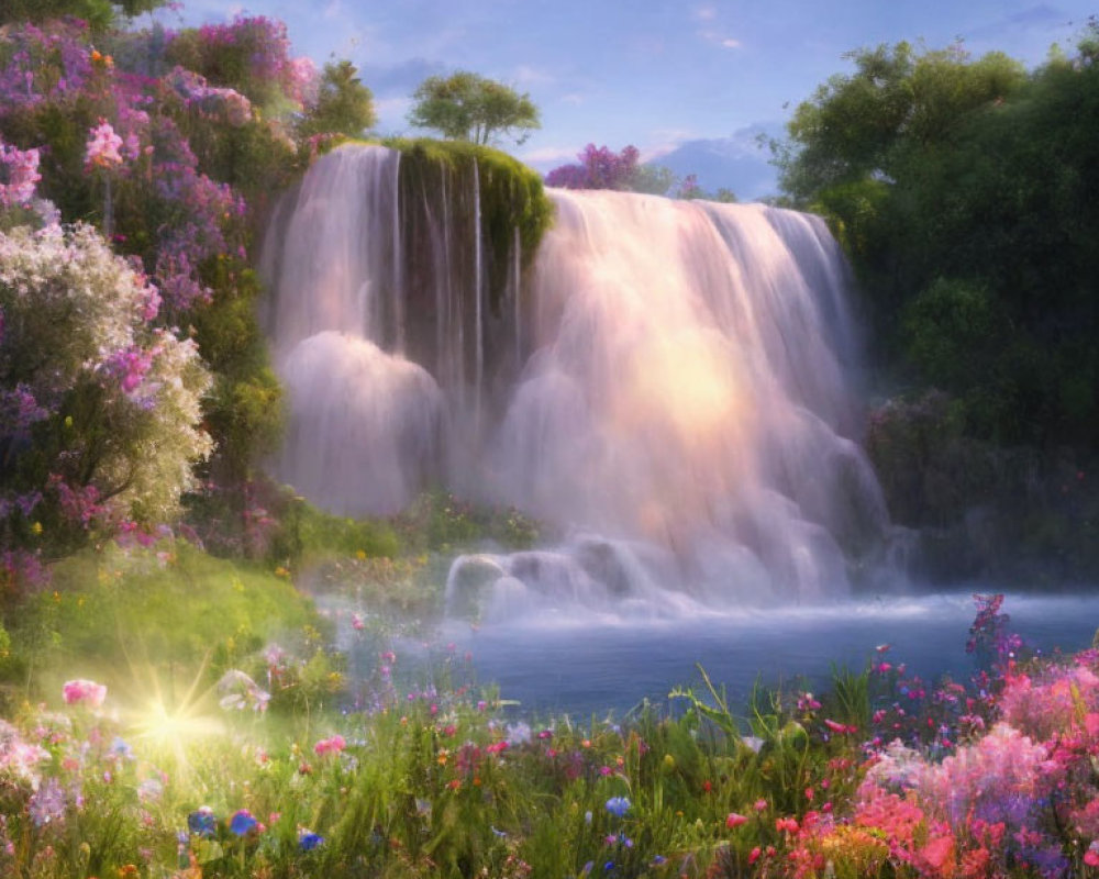 Tranquil waterfall among vibrant wildflowers in soft sunlight