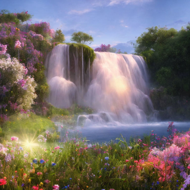 Tranquil waterfall among vibrant wildflowers in soft sunlight