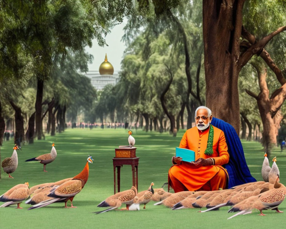 Man in Orange and Blue Robes Reading Book Surrounded by Birds in Nature Scene