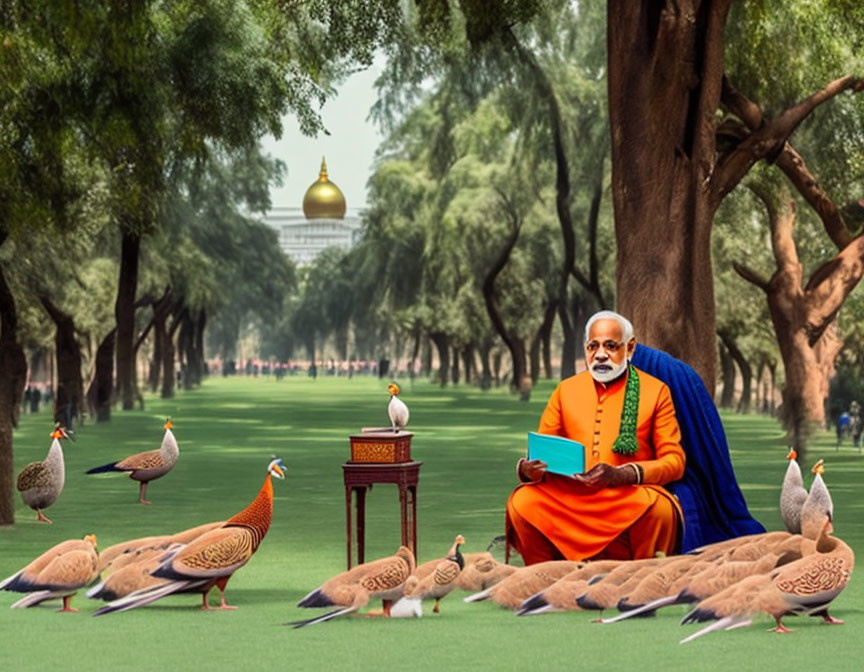 Man in Orange and Blue Robes Reading Book Surrounded by Birds in Nature Scene