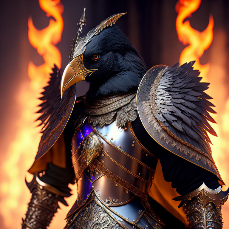 Armored raven knight with golden and steel details in fiery background