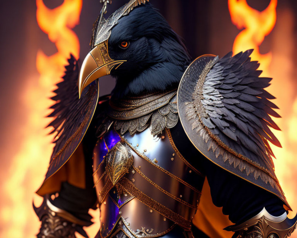 Armored raven knight with golden and steel details in fiery background