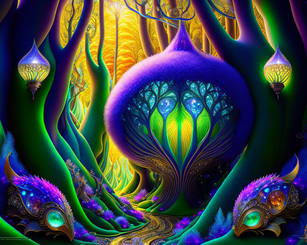 Colorful digital artwork: stylized trees with peacock feather motifs and lanterns on dark background