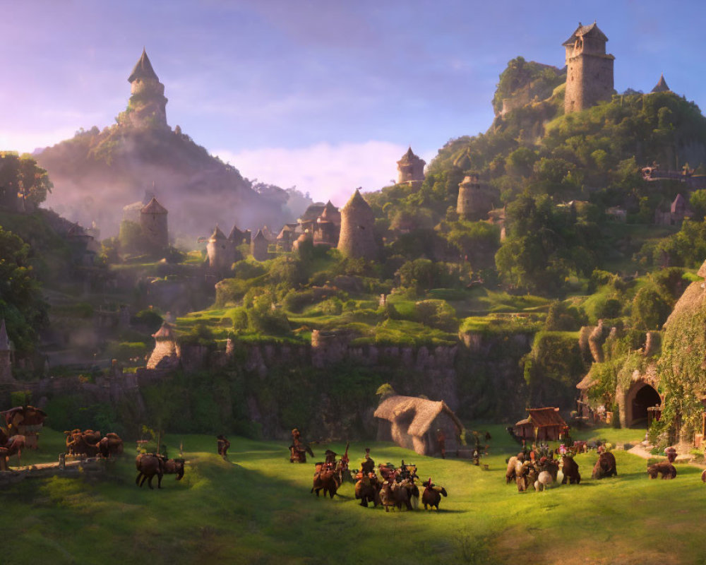 Fantasy landscape with medieval castles, cottages, horses, and villagers at dawn