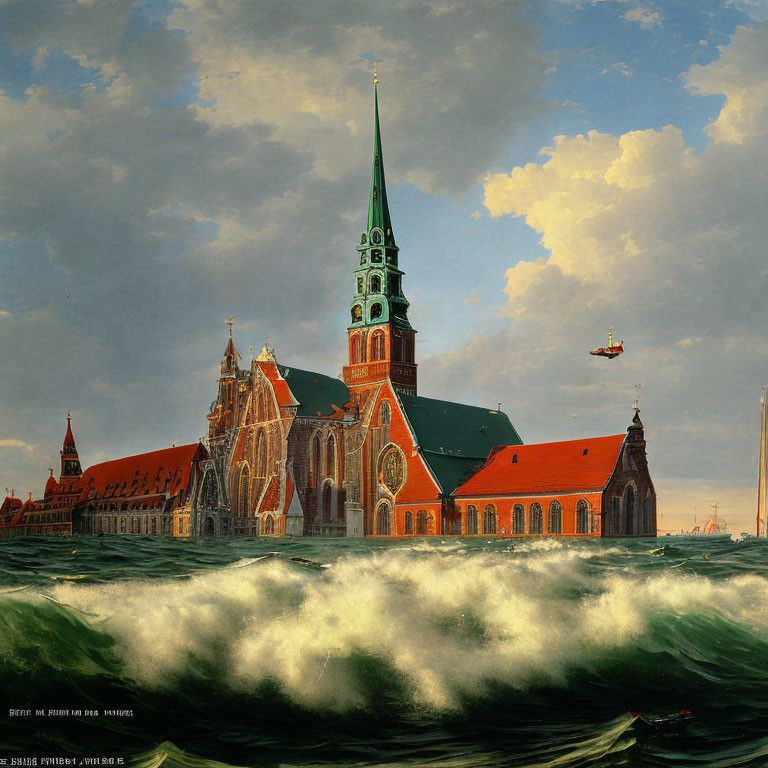 Gothic Church with Tall Spire Amid Turbulent Sea Waves and Dramatic Sky