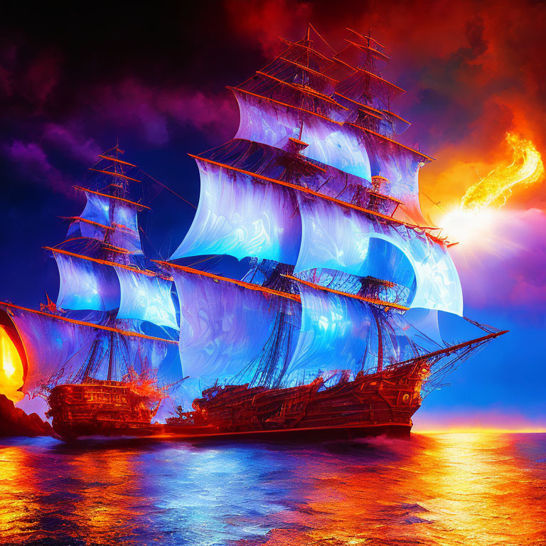 Majestic sailing ship in fiery waters under dramatic sky