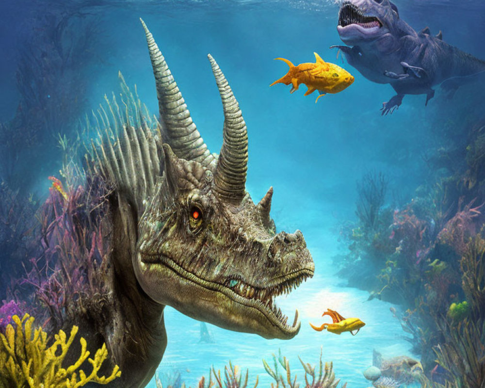 Vibrant digital artwork: Underwater scene with stylized dragon-like dinosaurs, coral reefs, tropical