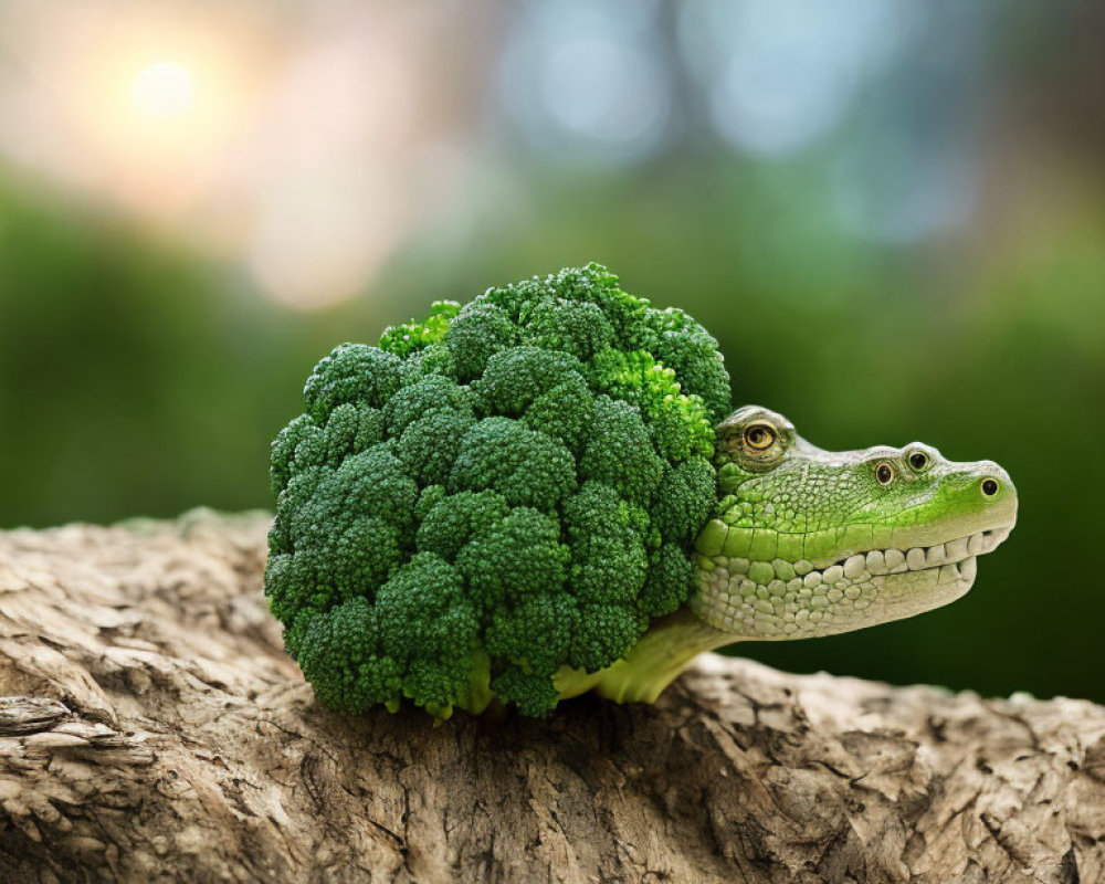 Digitally altered image of crocodile head blended with broccoli on green backdrop