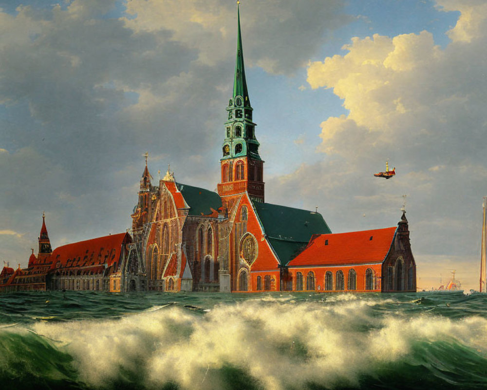 Gothic Church with Tall Spire Amid Turbulent Sea Waves and Dramatic Sky