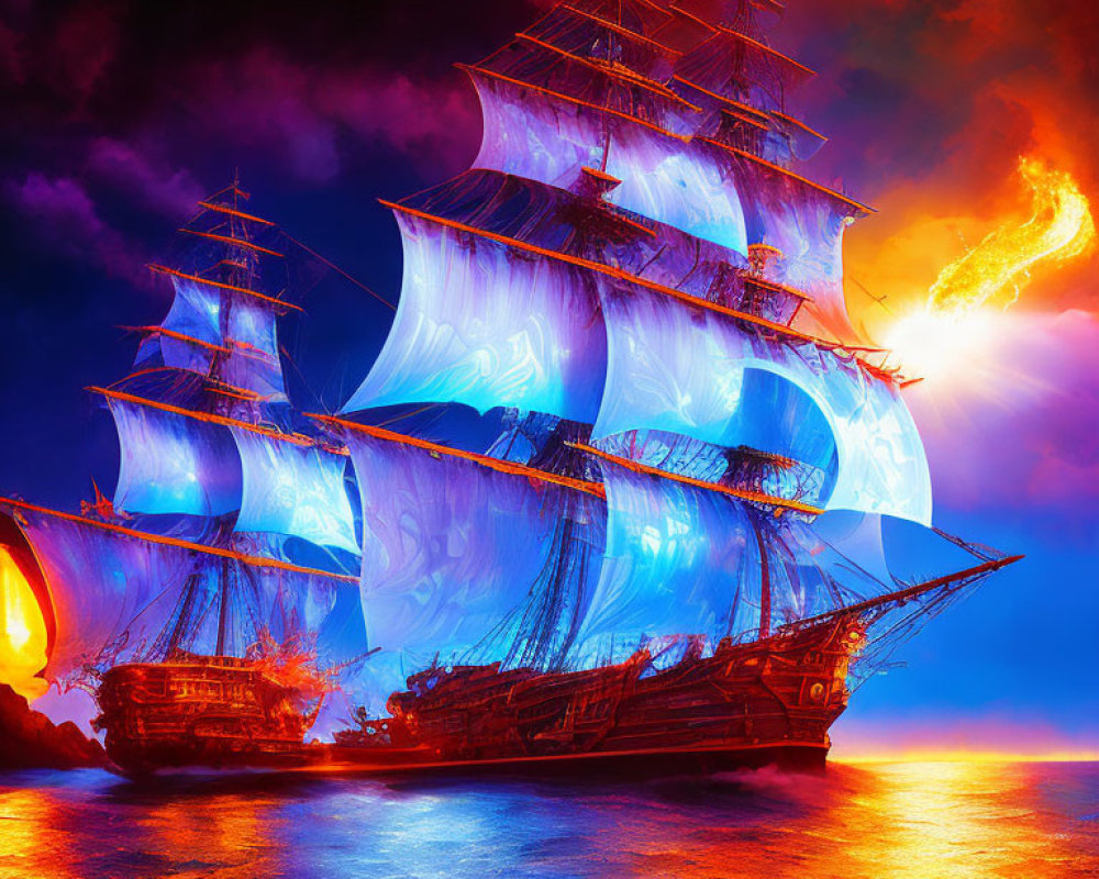 Majestic sailing ship in fiery waters under dramatic sky