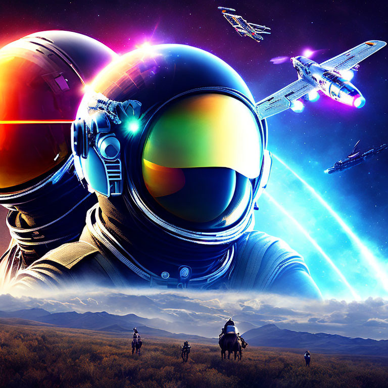 Reflective helmet astronaut in vibrant space battle with spaceships and horse riders.