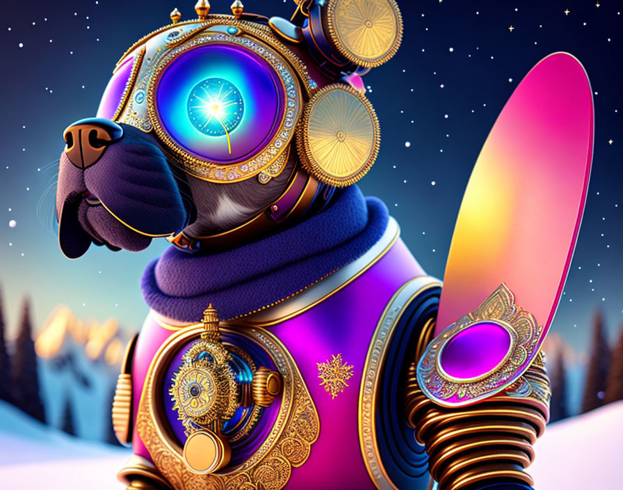 Colorful digital artwork: Robot dog with clockwork designs, pink surfboard, snowy night backdrop.