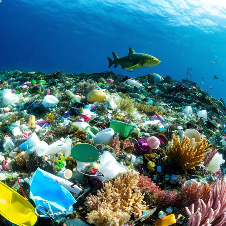 Colorful Coral and Marine Life Amid Plastic Waste: Underwater Scene Depicting Ocean Pollution